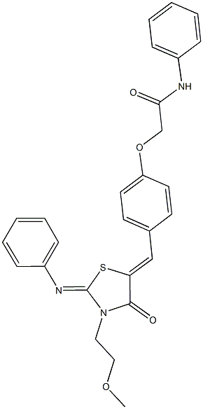 2-(4-{[3-(2-methoxyethyl)-4-oxo-2-(phenylimino)-1,3-thiazolidin-5-ylidene]methyl}phenoxy)-N-phenylacetamide 化学構造式