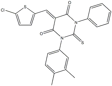 5-[(5-chloro-2-thienyl)methylene]-1-(3,4-dimethylphenyl)-3-phenyl-2-thioxodihydro-4,6(1H,5H)-pyrimidinedione 化学構造式