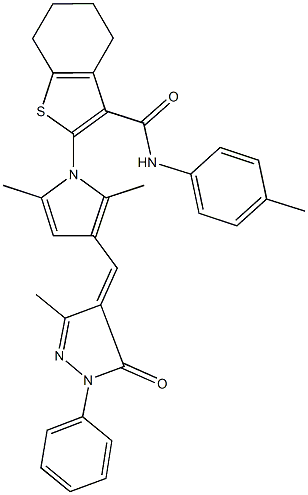 2-{2,5-dimethyl-3-[(3-methyl-5-oxo-1-phenyl-1,5-dihydro-4H-pyrazol-4-ylidene)methyl]-1H-pyrrol-1-yl}-N-(4-methylphenyl)-4,5,6,7-tetrahydro-1-benzothiophene-3-carboxamide 化学構造式