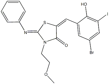 5-(5-bromo-2-hydroxy-3-iodobenzylidene)-3-(2-methoxyethyl)-2-(phenylimino)-1,3-thiazolidin-4-one 化学構造式