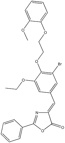 4-{3-bromo-5-ethoxy-4-[2-(2-methoxyphenoxy)ethoxy]benzylidene}-2-phenyl-1,3-oxazol-5(4H)-one 化学構造式