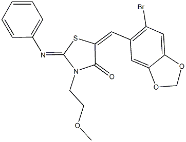 5-[(6-bromo-1,3-benzodioxol-5-yl)methylene]-3-(2-methoxyethyl)-2-(phenylimino)-1,3-thiazolidin-4-one Structure