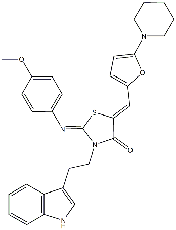 3-[2-(1H-indol-3-yl)ethyl]-2-[(4-methoxyphenyl)imino]-5-{[5-(1-piperidinyl)-2-furyl]methylene}-1,3-thiazolidin-4-one Struktur