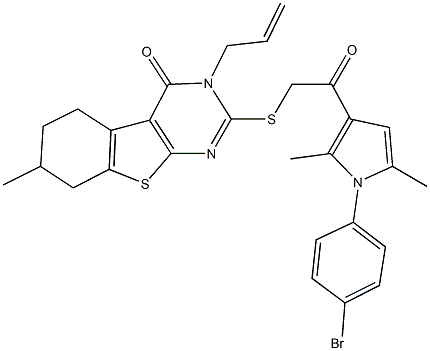 3-allyl-2-({2-[1-(4-bromophenyl)-2,5-dimethyl-1H-pyrrol-3-yl]-2-oxoethyl}sulfanyl)-7-methyl-5,6,7,8-tetrahydro[1]benzothieno[2,3-d]pyrimidin-4(3H)-one 化学構造式