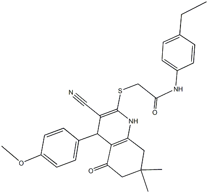 2-{[3-cyano-4-(4-methoxyphenyl)-7,7-dimethyl-5-oxo-1,4,5,6,7,8-hexahydro-2-quinolinyl]sulfanyl}-N-(4-ethylphenyl)acetamide Struktur