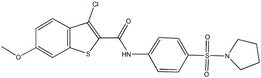 3-chloro-6-methoxy-N-[4-(pyrrolidin-1-ylsulfonyl)phenyl]-1-benzothiophene-2-carboxamide,,结构式