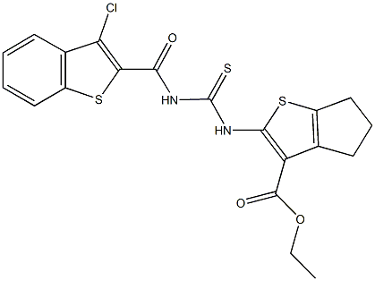 ethyl 2-[({[(3-chloro-1-benzothien-2-yl)carbonyl]amino}carbothioyl)amino]-5,6-dihydro-4H-cyclopenta[b]thiophene-3-carboxylate 化学構造式