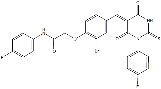 2-{2-bromo-4-[(1-(4-fluorophenyl)-4,6-dioxo-2-thioxotetrahydro-5(2H)-pyrimidinylidene)methyl]phenoxy}-N-(4-fluorophenyl)acetamide 化学構造式