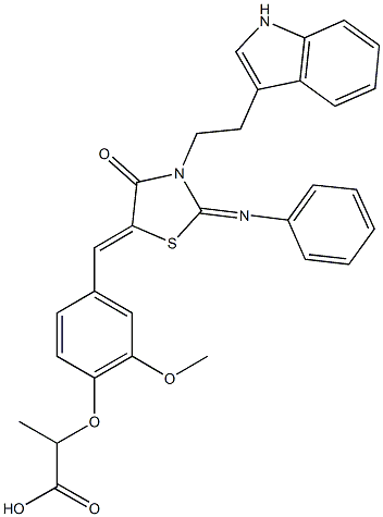 2-(4-{[3-[2-(1H-indol-3-yl)ethyl]-4-oxo-2-(phenylimino)-1,3-thiazolidin-5-ylidene]methyl}-2-methoxyphenoxy)propanoic acid Struktur