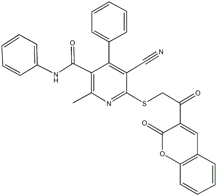 5-cyano-2-methyl-6-{[2-oxo-2-(2-oxo-2H-chromen-3-yl)ethyl]sulfanyl}-N,4-diphenylnicotinamide,,结构式