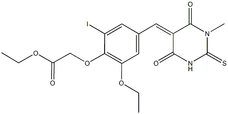 ethyl {2-ethoxy-6-iodo-4-[(1-methyl-4,6-dioxo-2-thioxotetrahydro-5(2H)-pyrimidinylidene)methyl]phenoxy}acetate Structure