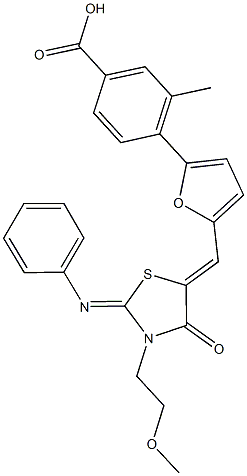 4-(5-{[3-(2-methoxyethyl)-4-oxo-2-(phenylimino)-1,3-thiazolidin-5-ylidene]methyl}-2-furyl)-3-methylbenzoic acid 结构式