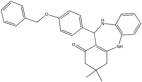 11-[4-(benzyloxy)phenyl]-3,3-dimethyl-2,3,4,5,10,11-hexahydro-1H-dibenzo[b,e][1,4]diazepin-1-one Struktur