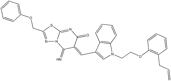 6-({1-[2-(2-allylphenoxy)ethyl]-1H-indol-3-yl}methylene)-5-imino-2-(phenoxymethyl)-5,6-dihydro-7H-[1,3,4]thiadiazolo[3,2-a]pyrimidin-7-one Structure