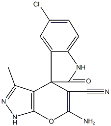 6-amino-5-cyano-5'-chloro-3-methyl-1,1',3',4-tetrahydro-2'-oxospiro(pyrano[2,3-c]pyrazole-4,3'-[2'H]-indole) 结构式