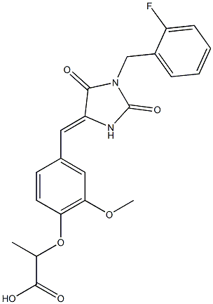 2-(4-{[1-(2-fluorobenzyl)-2,5-dioxoimidazolidin-4-ylidene]methyl}-2-methoxyphenoxy)propanoic acid 化学構造式