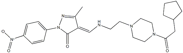 4-[({2-[4-(cyclopentylacetyl)-1-piperazinyl]ethyl}amino)methylene]-2-{4-nitrophenyl}-5-methyl-2,4-dihydro-3H-pyrazol-3-one Struktur