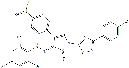 3-{4-nitrophenyl}-1-[4-(4-methoxyphenyl)-1,3-thiazol-2-yl]-1H-pyrazole-4,5-dione 4-[(2,4,6-tribromophenyl)hydrazone] Structure