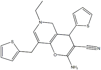 2-amino-6-ethyl-4-(2-thienyl)-8-(2-thienylmethyl)-5,6-dihydro-4H-pyrano[3,2-c]pyridine-3-carbonitrile,,结构式
