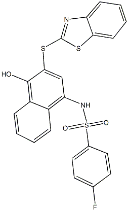 N-[3-(1,3-benzothiazol-2-ylsulfanyl)-4-hydroxy-1-naphthyl]-4-fluorobenzenesulfonamide 化学構造式