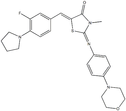 5-[3-fluoro-4-(1-pyrrolidinyl)benzylidene]-3-methyl-2-{[4-(4-morpholinyl)phenyl]imino}-1,3-thiazolidin-4-one Structure