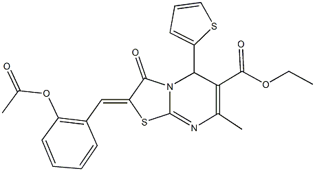 ethyl 2-[2-(acetyloxy)benzylidene]-7-methyl-3-oxo-5-(2-thienyl)-2,3-dihydro-5H-[1,3]thiazolo[3,2-a]pyrimidine-6-carboxylate 化学構造式