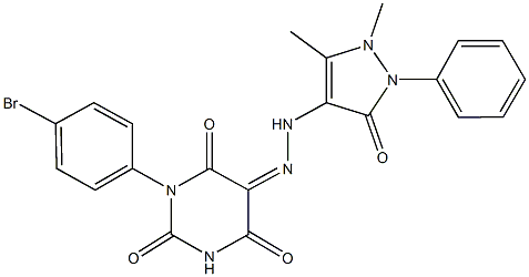 1-(4-bromophenyl)-2,4,5,6(1H,3H)-pyrimidinetetrone 5-[(1,5-dimethyl-3-oxo-2-phenyl-2,3-dihydro-1H-pyrazol-4-yl)hydrazone],,结构式