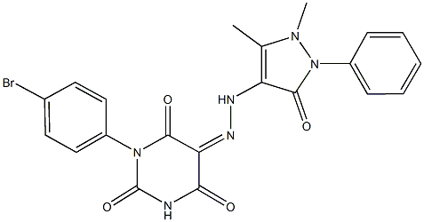 1-(4-bromophenyl)-2,4,5,6(1H,3H)-pyrimidinetetrone 5-[(1,5-dimethyl-3-oxo-2-phenyl-2,3-dihydro-1H-pyrazol-4-yl)hydrazone] Structure