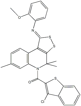 N-{5-[(3-chloro-1-benzothien-2-yl)carbonyl]-4,4,7-trimethyl-4,5-dihydro-1H-[1,2]dithiolo[3,4-c]quinolin-1-ylidene}-N-(2-methoxyphenyl)amine Struktur