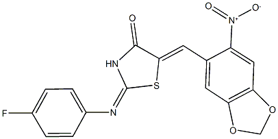 2-[(4-fluorophenyl)imino]-5-({6-nitro-1,3-benzodioxol-5-yl}methylene)-1,3-thiazolidin-4-one 结构式