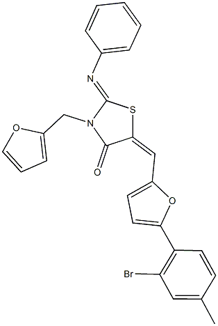 5-{[5-(2-bromo-4-methylphenyl)-2-furyl]methylene}-3-(2-furylmethyl)-2-(phenylimino)-1,3-thiazolidin-4-one 化学構造式