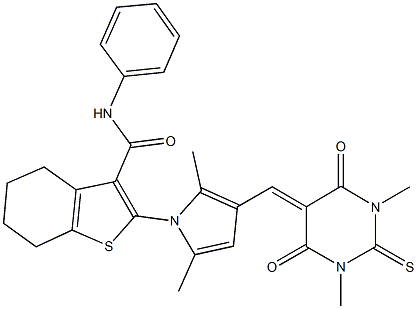 2-{3-[(1,3-dimethyl-4,6-dioxo-2-thioxotetrahydro-5(2H)-pyrimidinylidene)methyl]-2,5-dimethyl-1H-pyrrol-1-yl}-N-phenyl-4,5,6,7-tetrahydro-1-benzothiophene-3-carboxamide,,结构式
