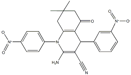 2-amino-4-{3-nitrophenyl}-1-{4-nitrophenyl}-7,7-dimethyl-5-oxo-1,4,5,6,7,8-hexahydro-3-quinolinecarbonitrile Struktur