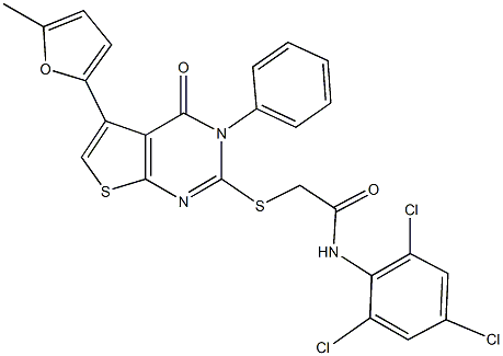 2-{[5-(5-methyl-2-furyl)-4-oxo-3-phenyl-3,4-dihydrothieno[2,3-d]pyrimidin-2-yl]sulfanyl}-N-(2,4,6-trichlorophenyl)acetamide Struktur