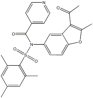 N-(3-acetyl-2-methyl-1-benzofuran-5-yl)-N-isonicotinoyl-2,4,6-trimethylbenzenesulfonamide Struktur