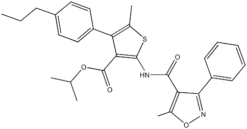 isopropyl 5-methyl-2-{[(5-methyl-3-phenyl-4-isoxazolyl)carbonyl]amino}-4-(4-propylphenyl)-3-thiophenecarboxylate Struktur