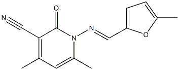 4,6-dimethyl-1-{[(5-methyl-2-furyl)methylene]amino}-2-oxo-1,2-dihydropyridine-3-carbonitrile Struktur