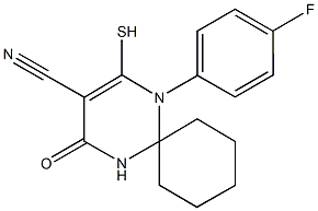 1-(4-fluorophenyl)-4-oxo-2-sulfanyl-1,5-diazaspiro[5.5]undec-2-ene-3-carbonitrile Struktur