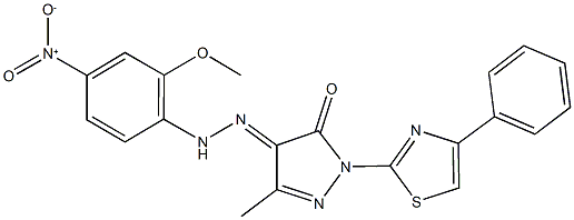 3-methyl-1-(4-phenyl-1,3-thiazol-2-yl)-1H-pyrazole-4,5-dione 4-({4-nitro-2-methoxyphenyl}hydrazone) 化学構造式