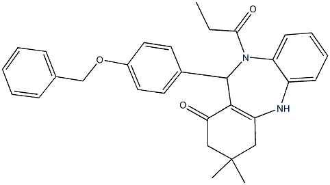 11-[4-(benzyloxy)phenyl]-3,3-dimethyl-10-propionyl-2,3,4,5,10,11-hexahydro-1H-dibenzo[b,e][1,4]diazepin-1-one 结构式