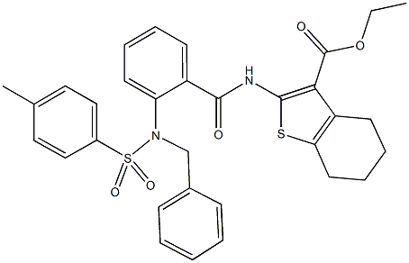 ethyl 2-[(2-{benzyl[(4-methylphenyl)sulfonyl]amino}benzoyl)amino]-4,5,6,7-tetrahydro-1-benzothiophene-3-carboxylate 化学構造式