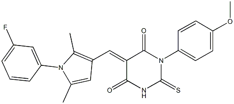 5-{[1-(3-fluorophenyl)-2,5-dimethyl-1H-pyrrol-3-yl]methylene}-1-(4-methoxyphenyl)-2-thioxodihydropyrimidine-4,6(1H,5H)-dione,,结构式