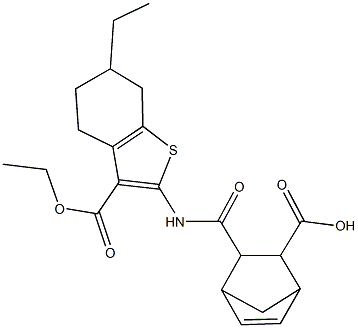 3-({[3-(ethoxycarbonyl)-6-ethyl-4,5,6,7-tetrahydro-1-benzothien-2-yl]amino}carbonyl)bicyclo[2.2.1]hept-5-ene-2-carboxylic acid,,结构式