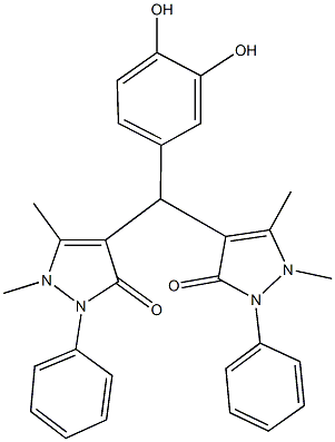 4-[(3,4-dihydroxyphenyl)(1,5-dimethyl-3-oxo-2-phenyl-2,3-dihydro-1H-pyrazol-4-yl)methyl]-1,5-dimethyl-2-phenyl-1,2-dihydro-3H-pyrazol-3-one 结构式