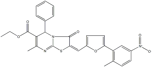 ethyl 2-[(5-{5-nitro-2-methylphenyl}-2-furyl)methylene]-7-methyl-3-oxo-5-phenyl-2,3-dihydro-5H-[1,3]thiazolo[3,2-a]pyrimidine-6-carboxylate,,结构式