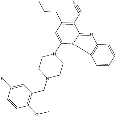 1-[4-(5-fluoro-2-methoxybenzyl)-1-piperazinyl]-3-propylpyrido[1,2-a]benzimidazole-4-carbonitrile Struktur