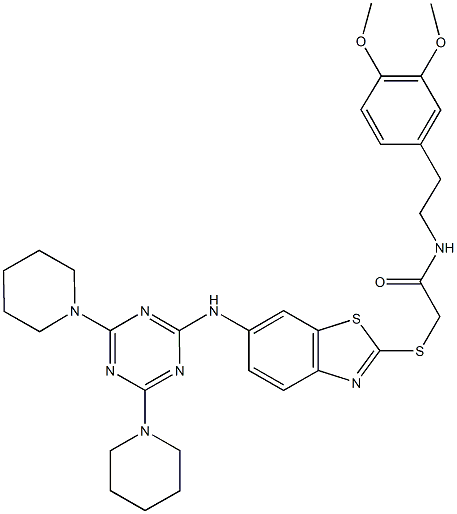 N-[2-(3,4-dimethoxyphenyl)ethyl]-2-[(6-{[4,6-di(1-piperidinyl)-1,3,5-triazin-2-yl]amino}-1,3-benzothiazol-2-yl)sulfanyl]acetamide Struktur