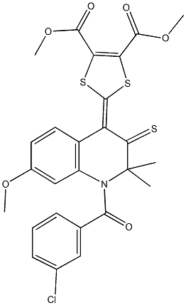 dimethyl 2-(1-(3-chlorobenzoyl)-7-methoxy-2,2-dimethyl-3-thioxo-2,3-dihydro-4(1H)-quinolinylidene)-1,3-dithiole-4,5-dicarboxylate 化学構造式