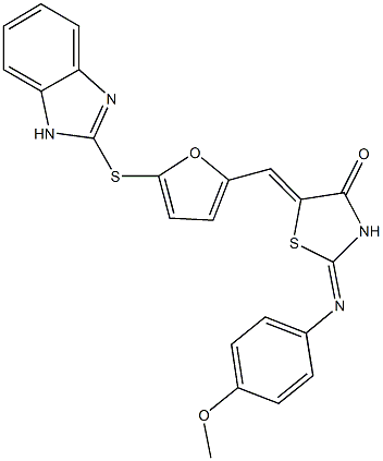 5-{[5-(1H-benzimidazol-2-ylsulfanyl)-2-furyl]methylene}-2-[(4-methoxyphenyl)imino]-1,3-thiazolidin-4-one,,结构式