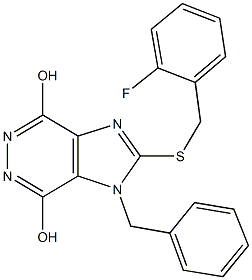 1-benzyl-2-[(2-fluorobenzyl)sulfanyl]-1H-imidazo[4,5-d]pyridazine-4,7-diol,,结构式